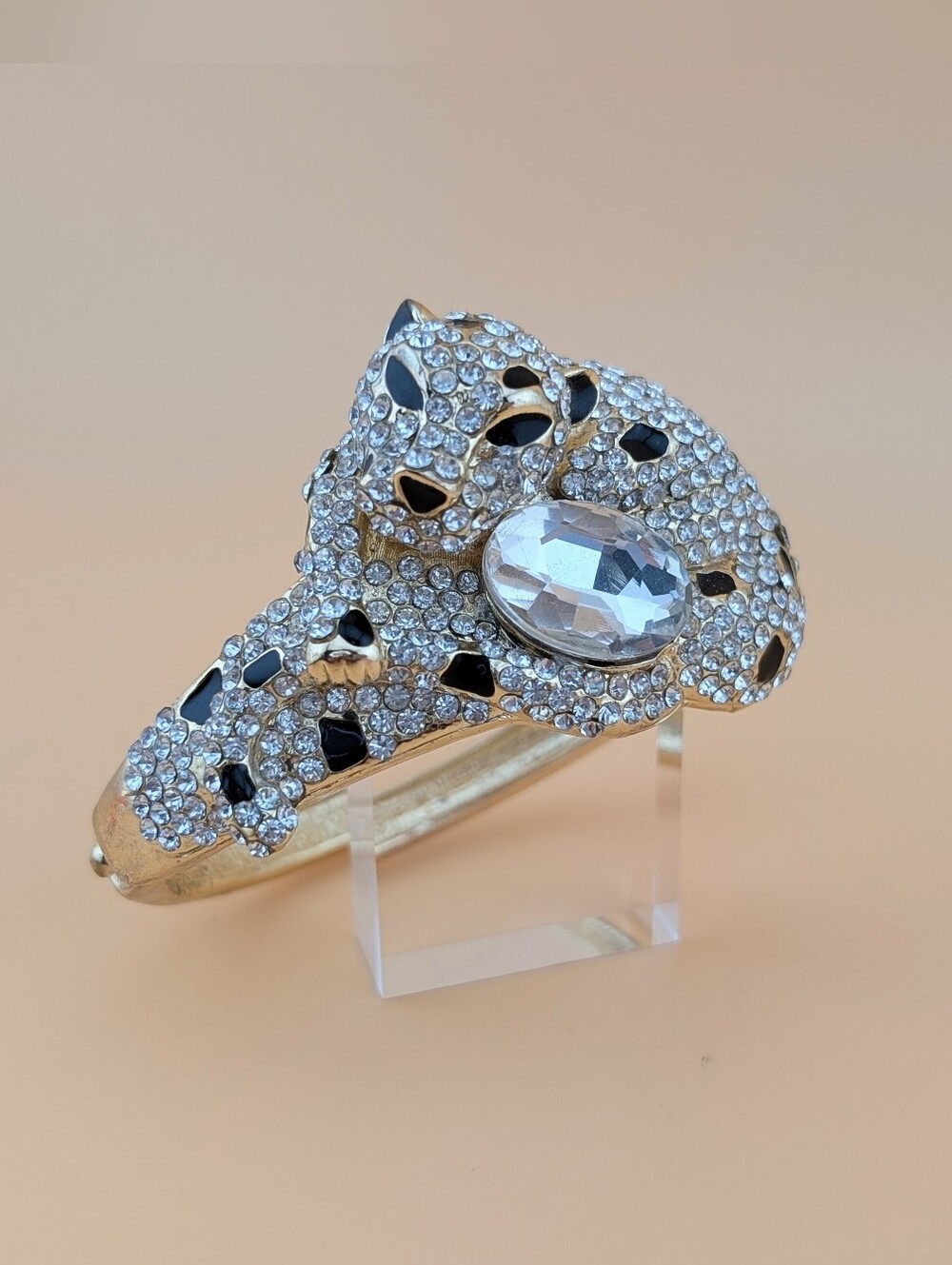 Vintage Leopard Clamper Bracelet - Gold Crystal Panther Jaguar Bangle